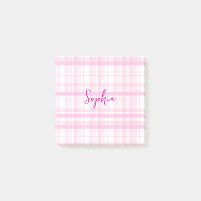 Post-it® Personalized Pink Plaid Notes with Name  (Devant)