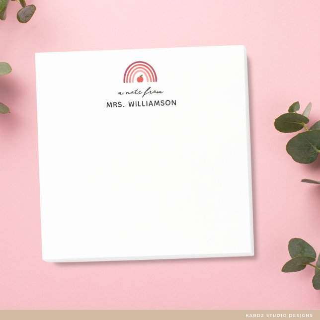 Post-it personnalisé avec un petit mot du nom de l (Post-it notes are shown in 3 x 3 inches. Personalize with the teacher's name.)
