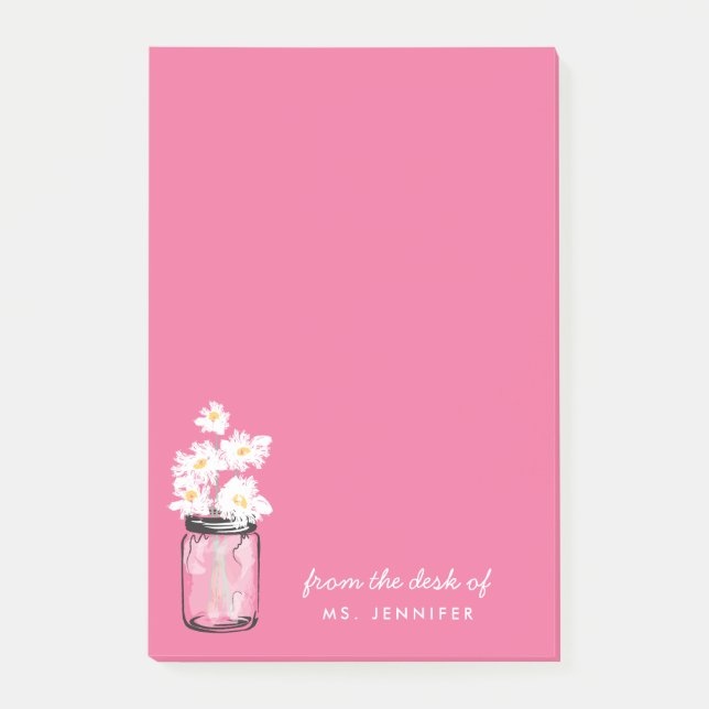 Post-it® Personnaliser Note Pink Mason Jar White Daisy Flor (Devant)