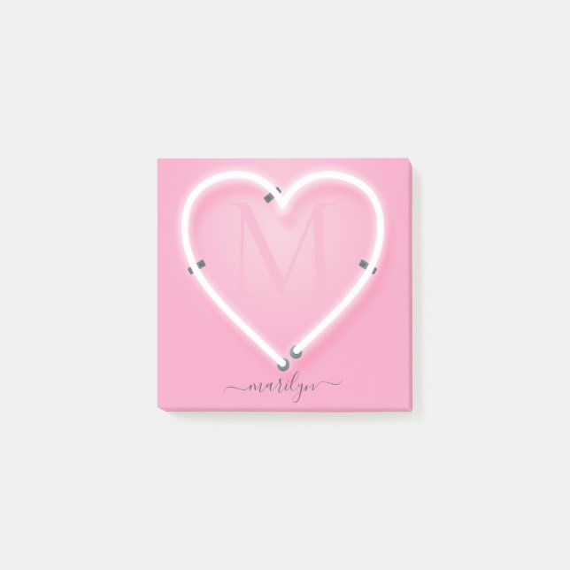 Post-it® Pink Chic Neon Coeur Signer Monogramme Nom Non (Devant)