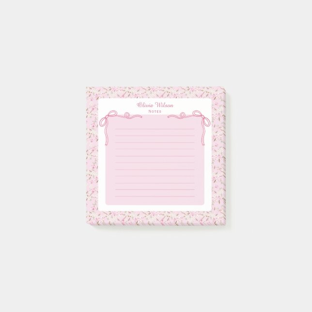 Post-it® Pink Floral Coquette Bow Custom Name (Devant)