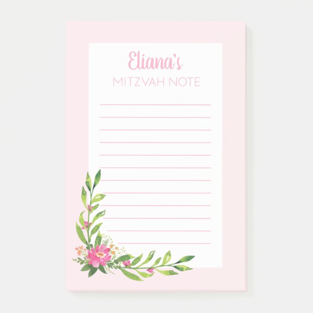 Post-it® Pink Floral Mitzvah Note : 4x6 Sticky Pad (Devant)