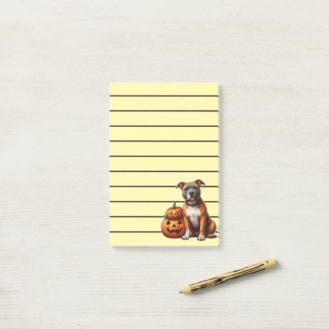Post-it® Pitbull avec Citrouilles d'Halloween (Sur un bureau)