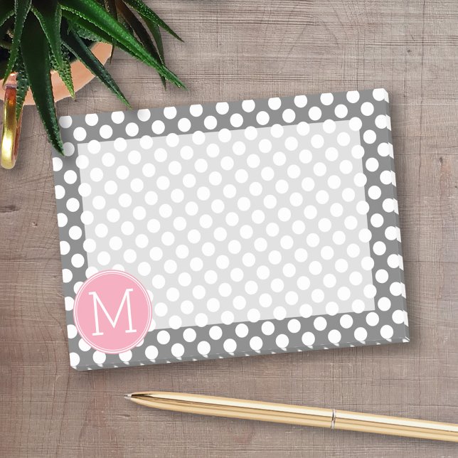 Post-it® Pois Pastel rose et gris avec monogramme personnal (Personalized post-it notes with an area to add your name or other text)