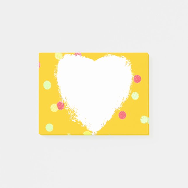 Post-it® pois rose et jaune et forme blanche de coeur (Devant)