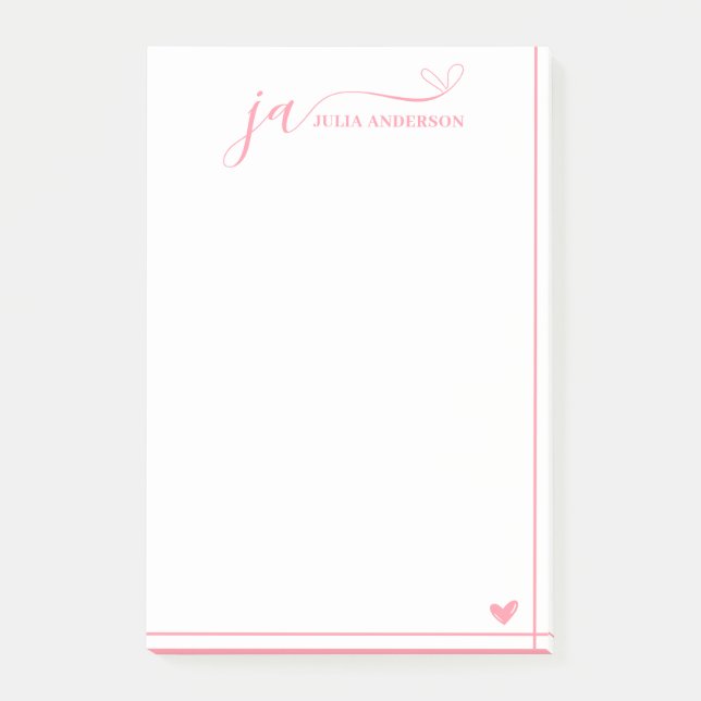 Post-it® Police de script élégant Monogramme blanc et rose (Devant)