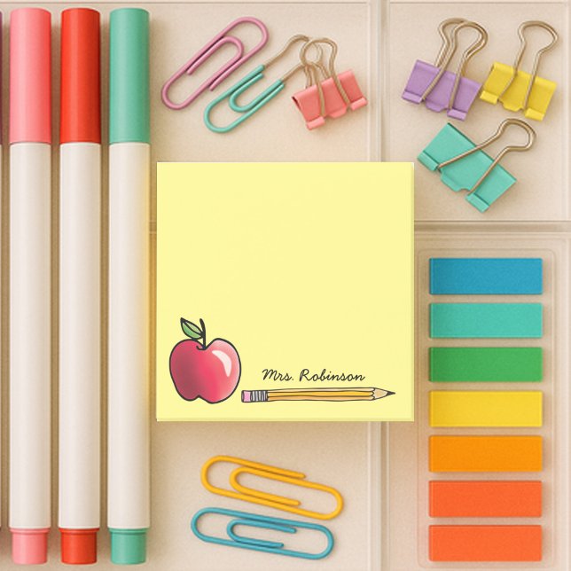 Post-it® Pomme et crayon Professeur personnalisé Jaune 3 x  (Red Apple and Pencil with teacher's name on yellow sticky notes)
