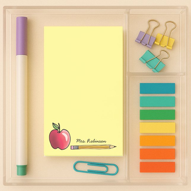Post-it® Pomme et crayon Professeur personnalisé Jaune 4 x  (4x6 sticky notes with an apple and pencil on yellow background with a teachers name to customize
)