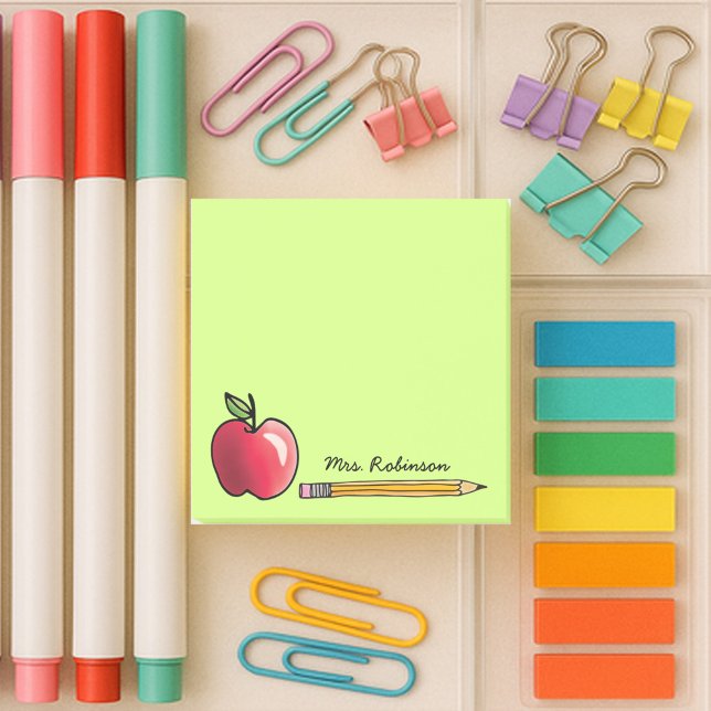 Post-it® Pomme et crayon Professeur personnalisé Vert 3 x 3 (3x3 lime green sticky note with apple, pencil and custom name for teachers.)