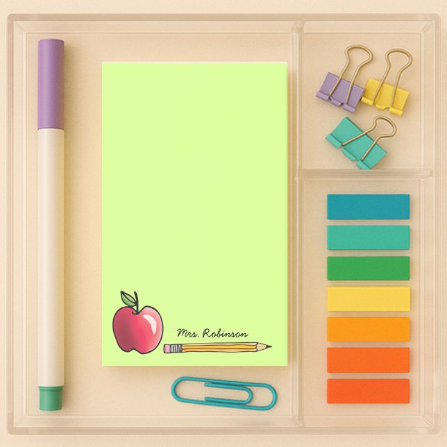Post-it® Pomme et crayon Professeur personnalisé Vert 4 x 6 (4x6 sticky notes lime green with a red apple and pencil with custom name)