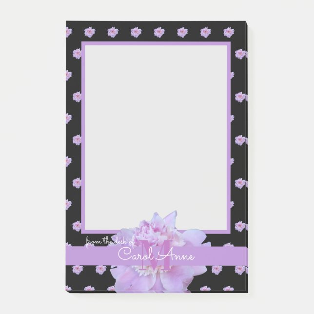 Post-it® Pony rose violet Monogramme Floral Noir Bloc-notes (Devant)