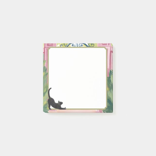 Post-it® Porte de jardin à l'aquarelle & Chat noir s'étiran (Devant)
