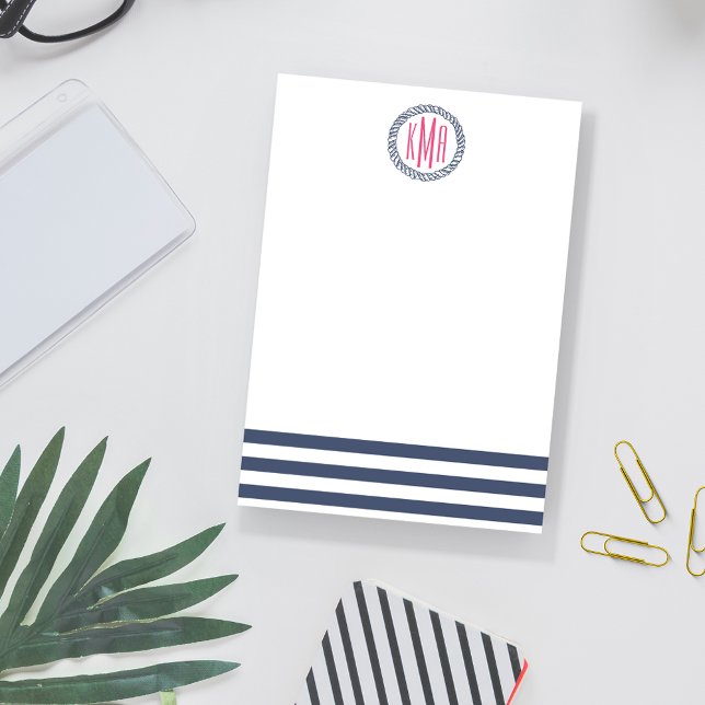 Post-it® Preppy Nautical Navy Stripe & Pink Monogram (Créateur téléchargé)