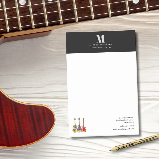 Post-it® Professeur de Guitare Leçons de Musique Entreprise (Guita music teacher custom business post-it notes with monogram and contact details)
