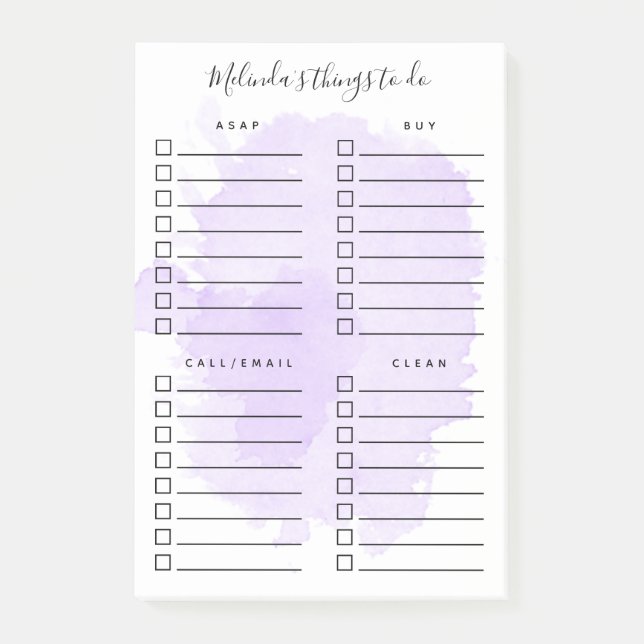 Post-it® Purple Aquarelle Splash Organisé des choses à fair (Devant)