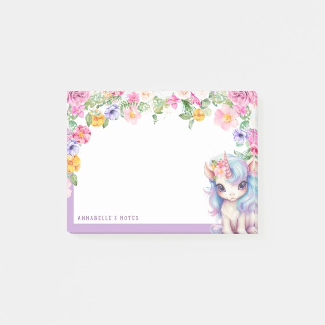Post-it® Rainbow Unicorn Nom personnalisé Floral Kids Schoo (Devant)