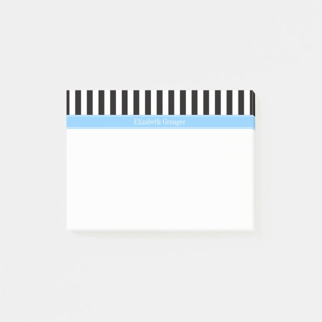 Post-it® Rayure Noir Blanc Ciel Bleu Monogramme Nom (Devant)