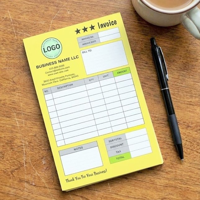 Post-it® Reçus de facture de logo d'entreprise | Bloc jaune (yellow bill pad, personalized invoice post-it notes, business logo sticky notes)