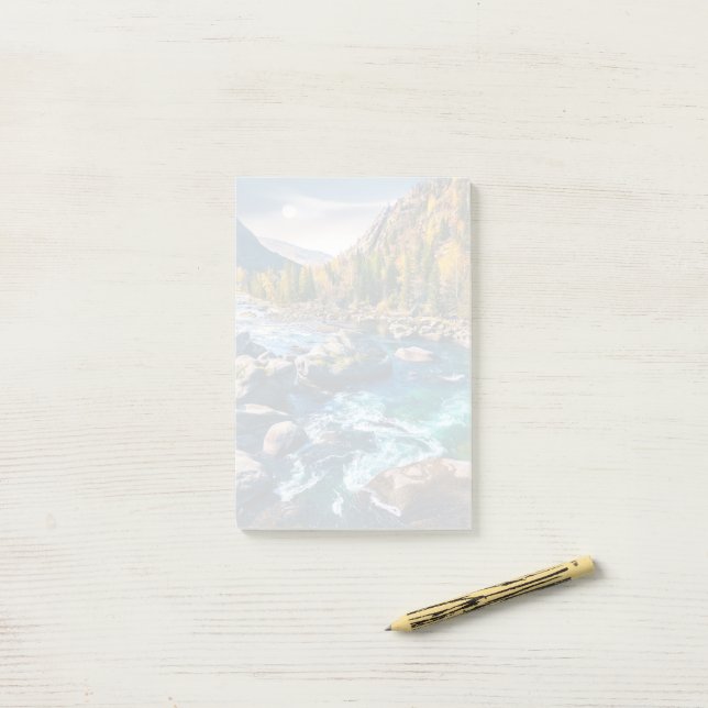 Post-it® Rivière et Montagnes Photo Pittoresque (Sur un bureau)