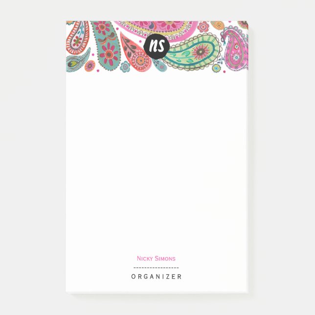 Post-it® Rose bohème et floral paisley turquoise (Devant)