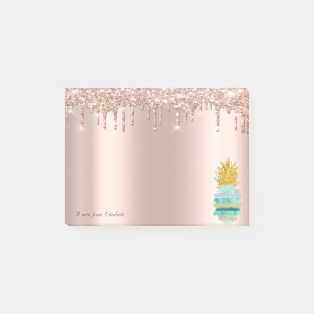 Post-it® Rose Gold Élégant Paillettes Drips Ananas Vert (Devant)