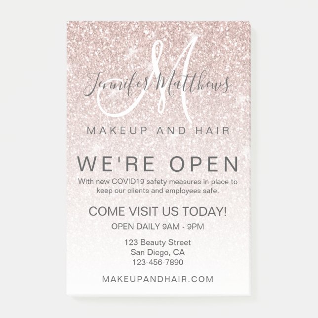 Post-it® Rose Gold Glitter We're Open Salon COVID Safe (Devant)