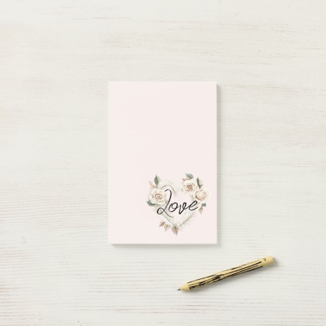 Post-it® Roses Fleurs de cœur d'amour romantiques rose (Sur un bureau)