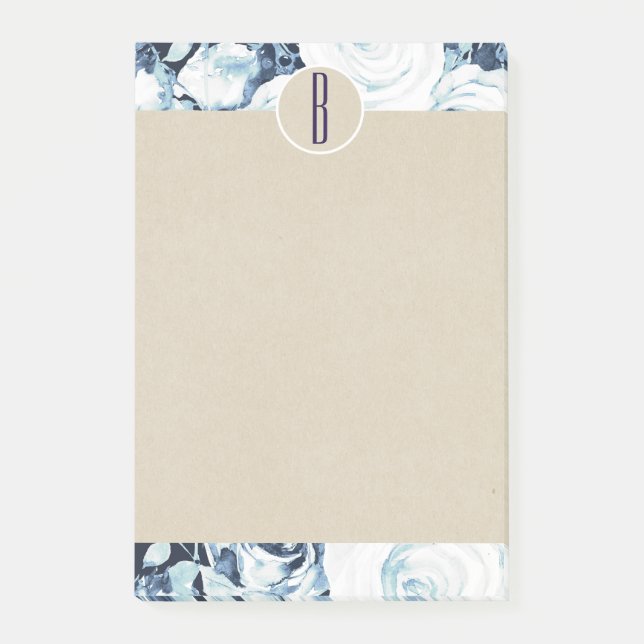 Post-it® Roses Kraft Rustiques Monogramme Hiver Bleu Blanc (Devant)