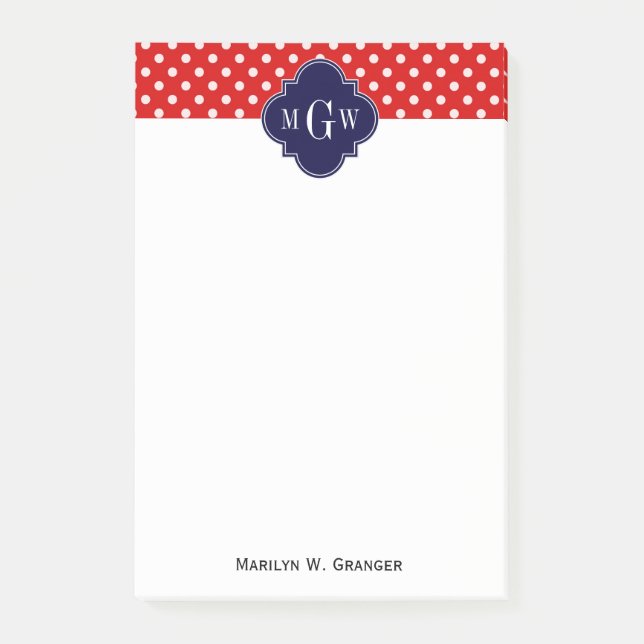 Post-it® Rouge Blanc à pois Navy Quatrefoil 3 Monogramme (Devant)