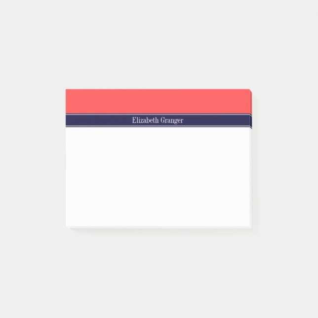 Post-it® Rouge Corail Uni, Monogramme au Ruban Bleu Marine (Devant)
