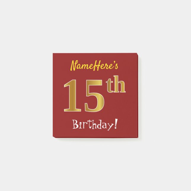 Post-it® Rouge, Faux Gold 15e anniversaire, avec nom person (Devant)