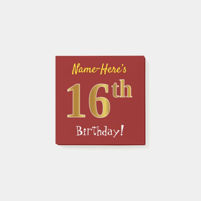 Post-it® Rouge, Faux Gold 16e anniversaire, avec nom person (Devant)