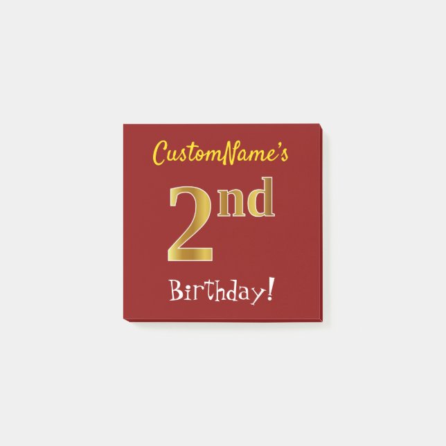 Post-it® Rouge, Faux Gold 2e anniversaire, avec nom personn (Devant)