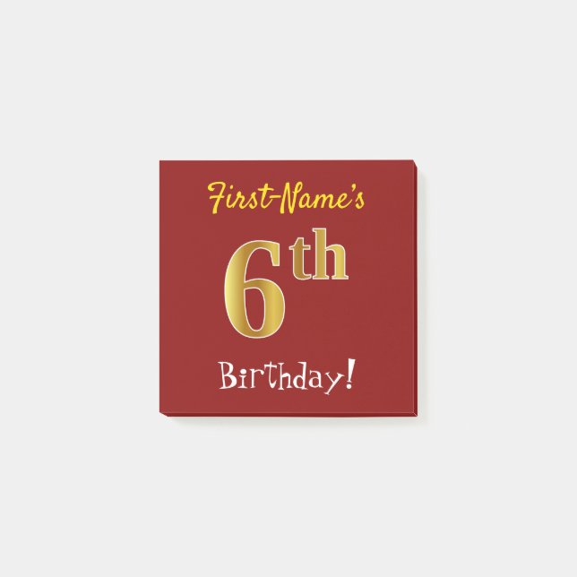 Post-it® Rouge, Faux Gold 6e anniversaire, avec nom personn (Devant)