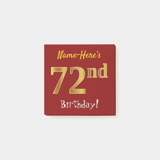 Post-it® Rouge, Faux Gold 72e anniversaire, avec nom person (Devant)