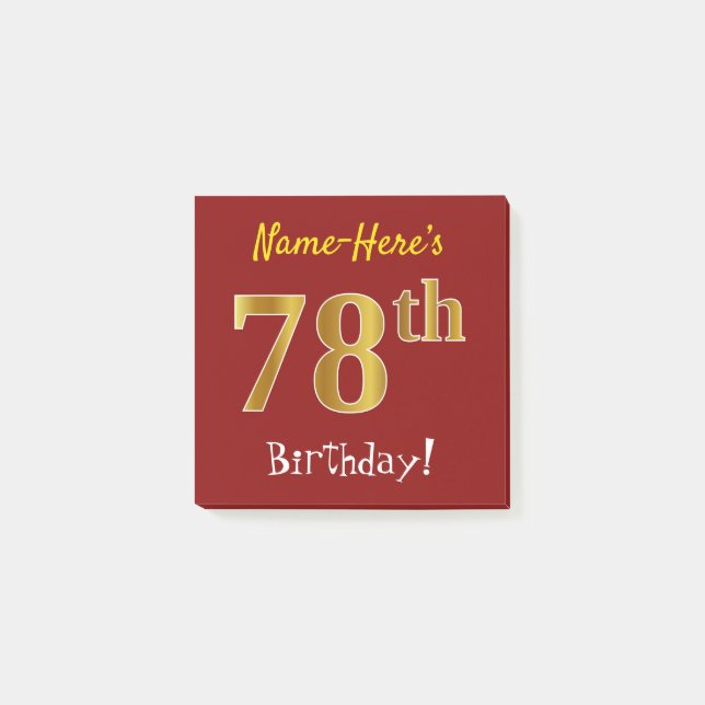 Post-it® Rouge, Faux Gold 78e anniversaire, avec nom person (Devant)