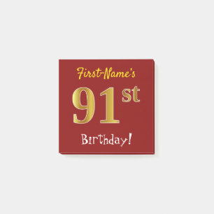 Post-it® Rouge, Faux Gold 91ème Anniversaire, Avec Nom Pers