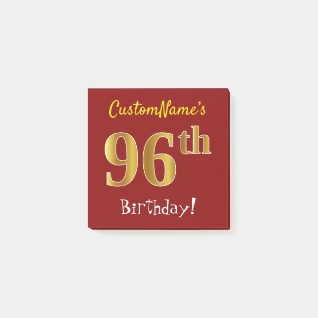 Post-it® Rouge, Faux Gold 96e anniversaire, avec nom person (Devant)