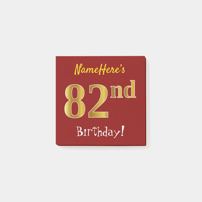 Post-it® Rouge, Faux Or 82e Anniversaire, Avec Nom Personna (Devant)