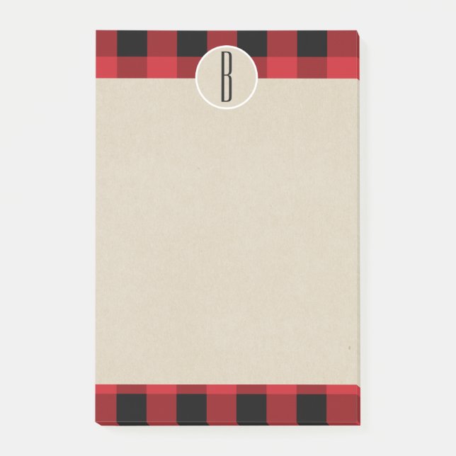 Post-it® Rouge Noir Carreaux Kraft Monogramme Initial Rusti (Devant)