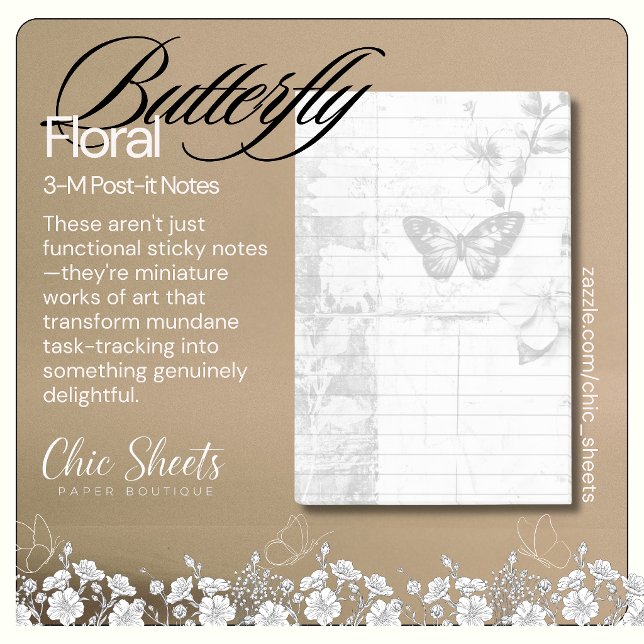 Post-it® Shabby Chic Noir & Blanc Papillon Floral 3M  (Créateur téléchargé)