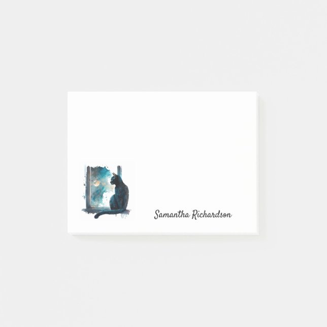 Post-it® Silhouette de chat noir sous la lune en aquarelle (Devant)