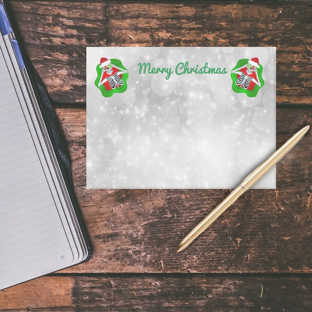 Post-it® Skeletons de Noël Rouge Vert éclaboussures Blanc (Merry christmas fun skeletons on white circles on pad of post it notes.)