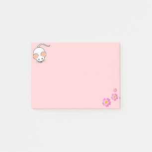 Post-it® Souris blanc et fleurs roses sur rose