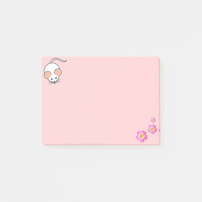 Post-it® Souris blanche mignonne et fleurs roses sur rose (Devant)