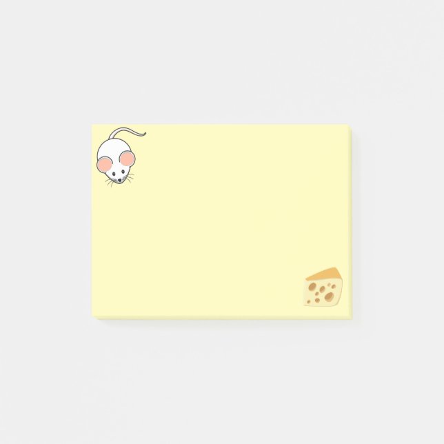 Post-it® Souris blanche mignonne et fromage sur fond jaune (Devant)