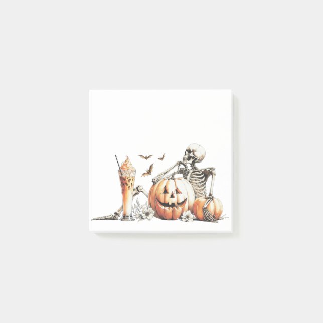 Post-it® Squelette avec citrouille et boire. Halloween. (Devant)