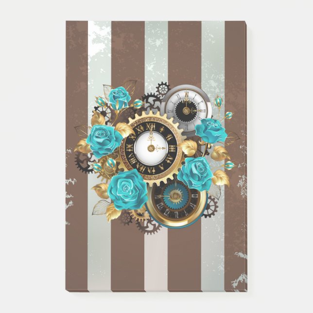 Post-it® Steampunk Clock and Turquoise Roses on Striped (Devant)