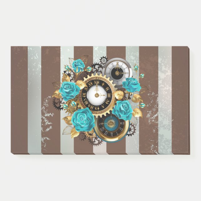 Post-it® Steampunk Clock and Turquoise Roses on Striped (Devant)