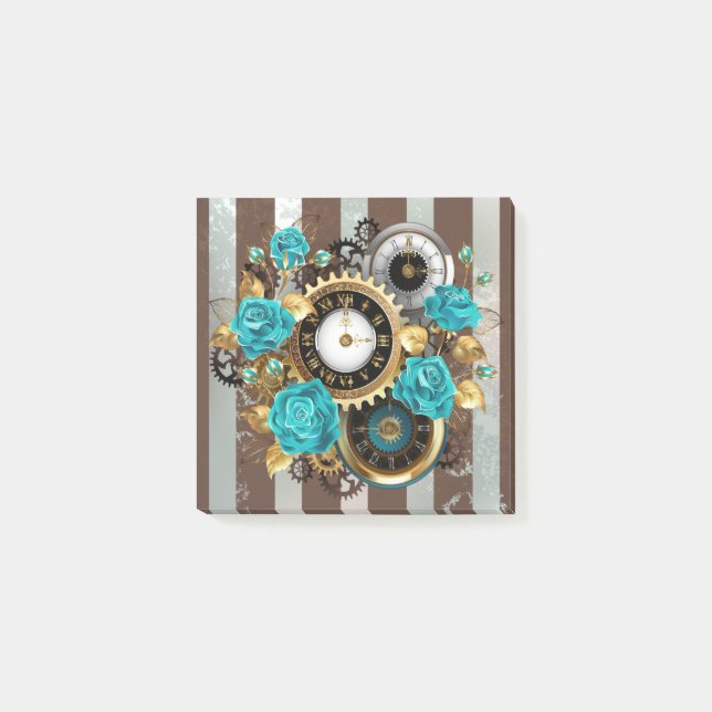 Post-it® Steampunk Clock and Turquoise Roses on Striped (Devant)